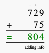 Calculate 729 + 75 using long addition