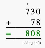 Calculate 730 + 78 using long addition