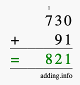 Calculate 730 + 91 using long addition