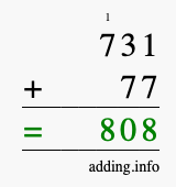 Calculate 731 + 77 using long addition