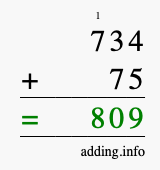 Calculate 734 + 75 using long addition