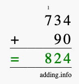 Calculate 734 + 90 using long addition