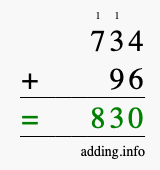 Calculate 734 + 96 using long addition