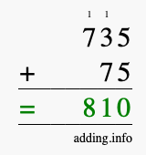Calculate 735 + 75 using long addition