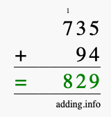 Calculate 735 + 94 using long addition