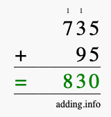 Calculate 735 + 95 using long addition