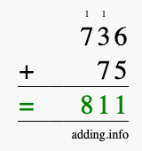 Calculate 736 + 75 using long addition