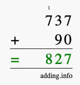 Calculate 737 + 90 using long addition