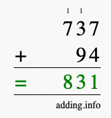 Calculate 737 + 94 using long addition