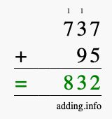 Calculate 737 + 95 using long addition