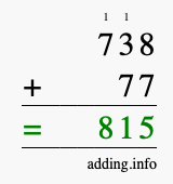 Calculate 738 + 77 using long addition