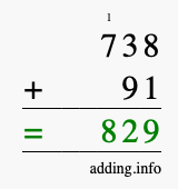 Calculate 738 + 91 using long addition