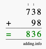 Calculate 738 + 98 using long addition
