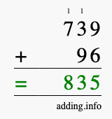 Calculate 739 + 96 using long addition