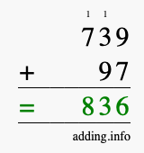 Calculate 739 + 97 using long addition