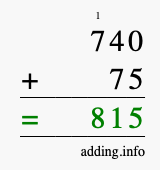 Calculate 740 + 75 using long addition
