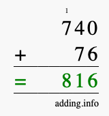 Calculate 740 + 76 using long addition