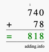 Calculate 740 + 78 using long addition