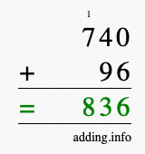 Calculate 740 + 96 using long addition