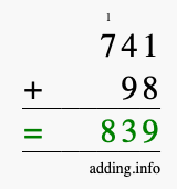 Calculate 741 + 98 using long addition