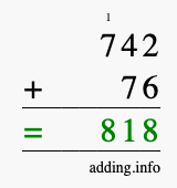 Calculate 742 + 76 using long addition