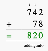 Calculate 742 + 78 using long addition