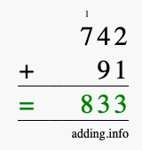 Calculate 742 + 91 using long addition