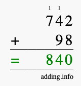 Calculate 742 + 98 using long addition