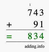Calculate 743 + 91 using long addition