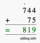Calculate 744 + 75 using long addition