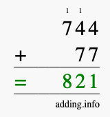 Calculate 744 + 77 using long addition