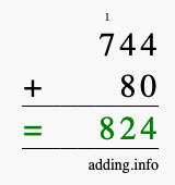 Calculate 744 + 80 using long addition