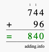 Calculate 744 + 96 using long addition