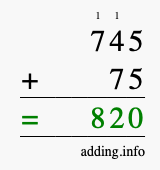 Calculate 745 + 75 using long addition