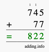 Calculate 745 + 77 using long addition