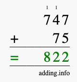 Calculate 747 + 75 using long addition