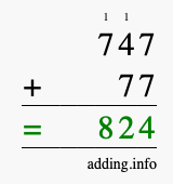 Calculate 747 + 77 using long addition