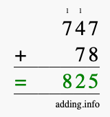 Calculate 747 + 78 using long addition