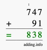 Calculate 747 + 91 using long addition