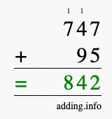 Calculate 747 + 95 using long addition