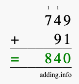 Calculate 749 + 91 using long addition
