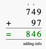 Calculate 749 + 97 using long addition