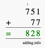 Calculate 751 + 77 using long addition