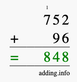 Calculate 752 + 96 using long addition