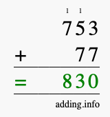 Calculate 753 + 77 using long addition