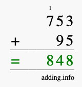 Calculate 753 + 95 using long addition