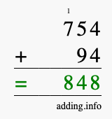 Calculate 754 + 94 using long addition