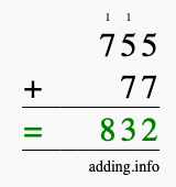 Calculate 755 + 77 using long addition