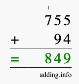 Calculate 755 + 94 using long addition