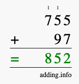 Calculate 755 + 97 using long addition